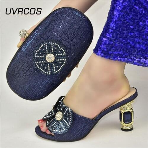 New Arrival Nigerian Fashion Colorful Crystal Style Party Ladies Shoes and Bag Set With Streamer Modeling in D.Blue Color