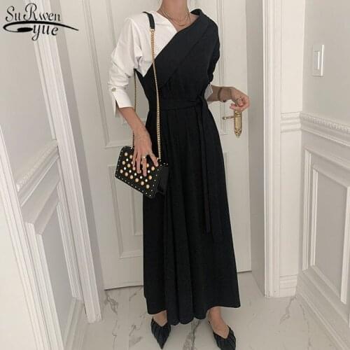 Solid High Waist Dress for Women OL New Korea Style Elegant Long Dresses V Neck A Line Female Dress Clothing Robe Femme 12795