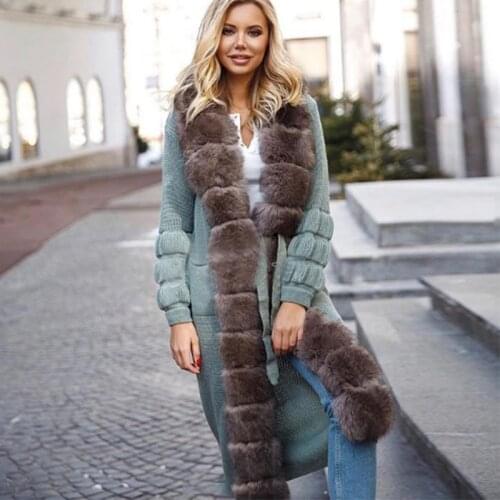 Autumn and Winter Long Thick Warm Coat X-Long Real Fox Fur Overcoat Female Natural Fur Collar Knitted Sweater Cardigan Belt