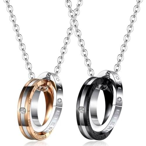 Zircon Double Circle Necklace Titanium Steel Pendant Couple Necklace Korean Love Style Jewelry For Men Women Friends Honey Lover