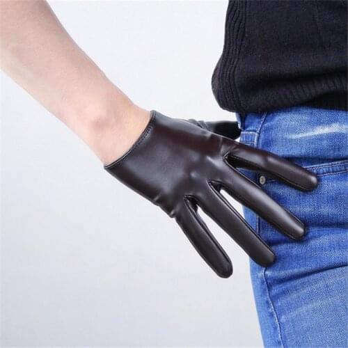 16cm Touchscreen Leather Gloves Ultrashort Emulation Leather Sheepskin Mirror Bright Leather Dark Brown Coffee Female WPU102-16