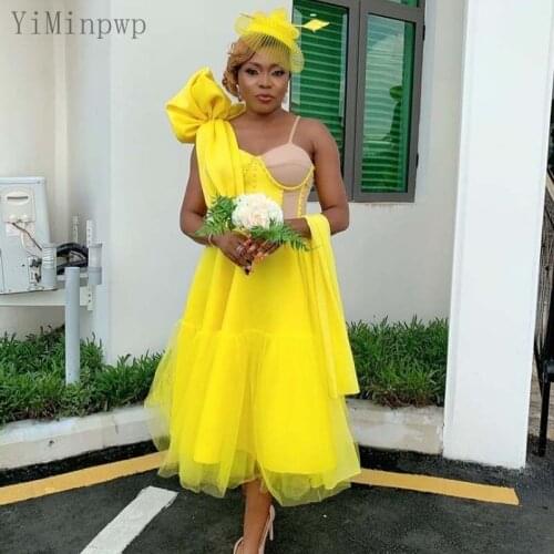 YiMinpwp Yellow Bridesmaid Dresses Spaghetti Straps Tea Length A Line Pleats Draped Wedding Guest Party Gown Maid of Honor Dress
