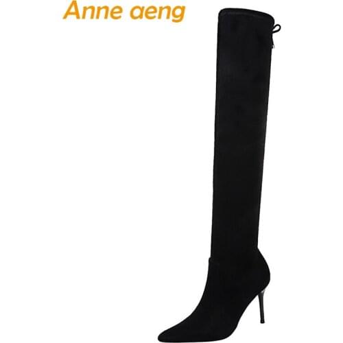 2019 New Winter Women Over-The-Knee Boots High Thin Heel Pointed Toe Solid Elastic Flock Sexy Ladies Women Shoes Black Boots