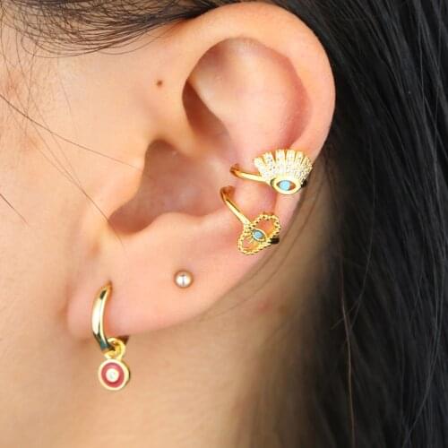 1 PIECE crown eye shape ear cuuff earring with white cubic zirconia cz pave turkish evil eye hamsa hand ear cuff clip on earring