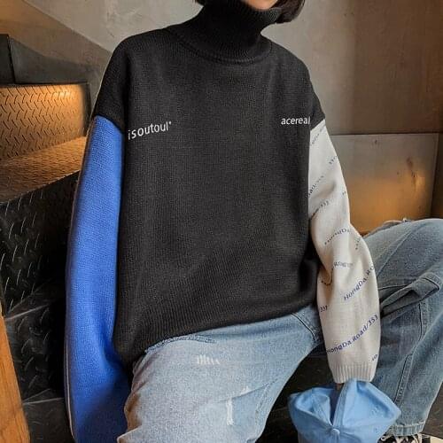 Hip Hop Sweater Womens Clothingmen Korean Patchwork Turtleneck Sweater 2021 Winter Sweater Couple Pullover Streetwear