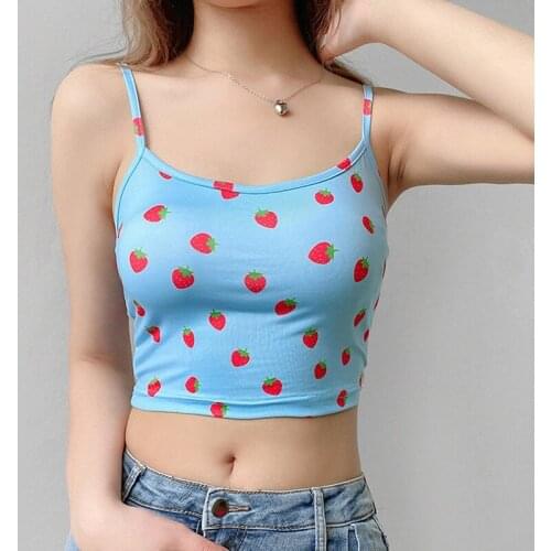 Strawberry Print Halter Camisole Womens Sleeveless Slim Inner Base Top Blue
