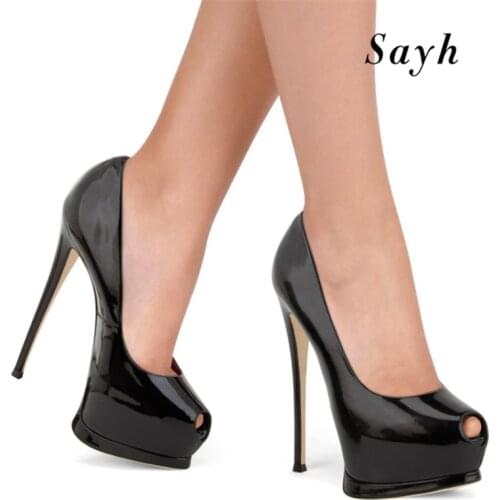 Size Plus Women Fashion 16cm Pumps Black Gold Thick High Heels Peep-Toe Sandals Stilettos Patent Leather Party Prom Dress Shoes