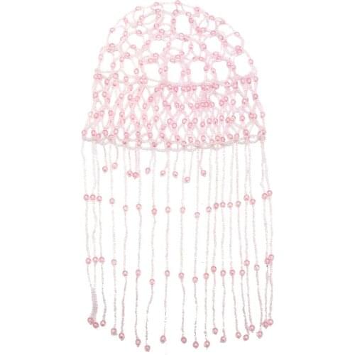 Women Tribal Exotic Hat Elastic Bead Cap Tassel Belly Dance Hair Accessory Ornament Pink Colorful Headbands Ethnic Boho Jewelry