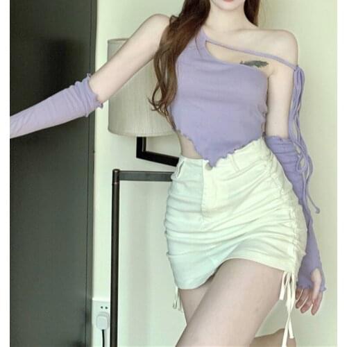 Y2k Purple Irregular Diagonal Shoulder Bandage Halter Tank Tops and Half Sleeve Women 2021 Summer Sexy Backless Street Clubwear