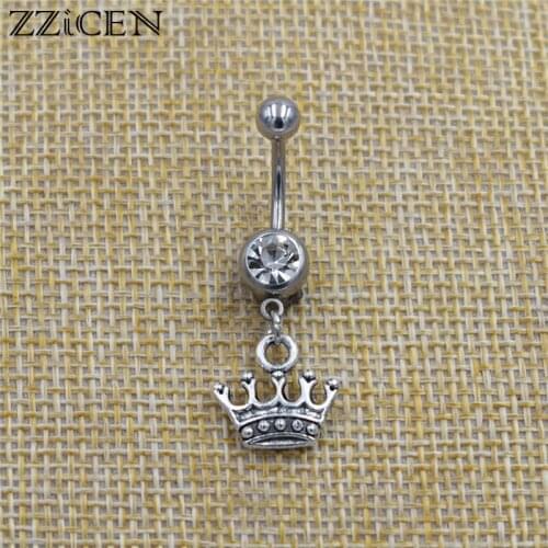 New Womens Fashion Gifts Elegant Princess Crown Charm Crystal Surgical Steel Bar Belly Button Ring Body Piercing Navel Jewelry