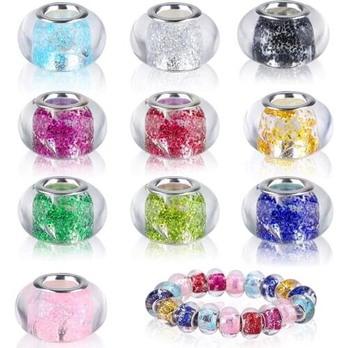 10pcs Pink Glitter Color Big Hole Acrylic Resin Murano Beads Round Spacer Charm Fit European Pandora Bracelet Hair Beads Jewelry
