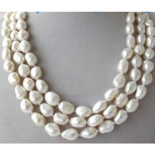 Free Shipping 3 Strands 8-9White Baroque Freshwater Pearl Necklace