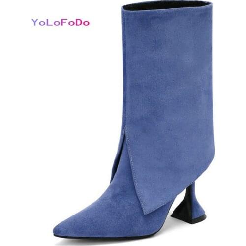 Blue Purple Black Apricot Women Ankle Boots Fashion Thin High Heel Pointed Toe Ladies Short Boots Faux Suede Slip on Womens Boo