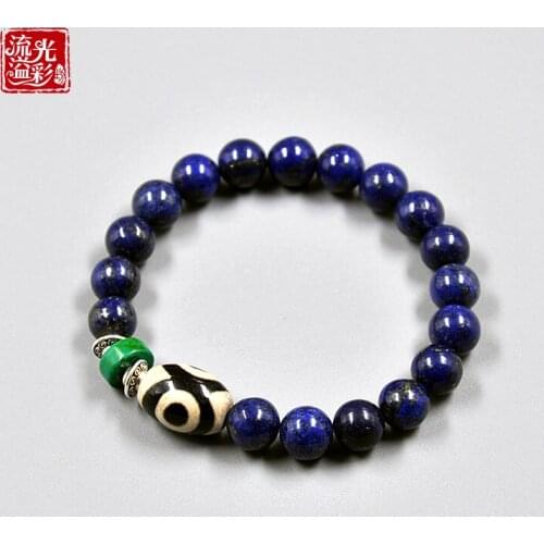 8mm Natural Lapis Lazuli Bracelet with Three Eye Dzi Original Tibet Sytle Ethnic Fashion Single Wrap Prayer Bead Free Shipping