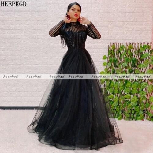 Black Long Sleeve Evening Dress See Through Tulle Luxury Sequin Arabic Prom Gown Customize Special Occasion Dresses For Women