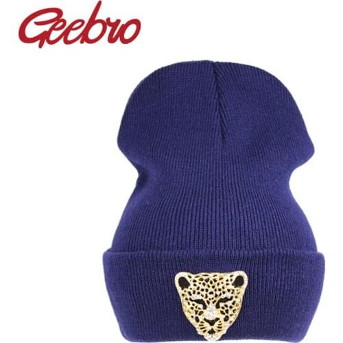Geebro New Design Leopard Crystal Diamond Womens Beanies Female Warm Knitted Hat Hip Hop Cute Winter Caps Bonnet Gorros JS222A