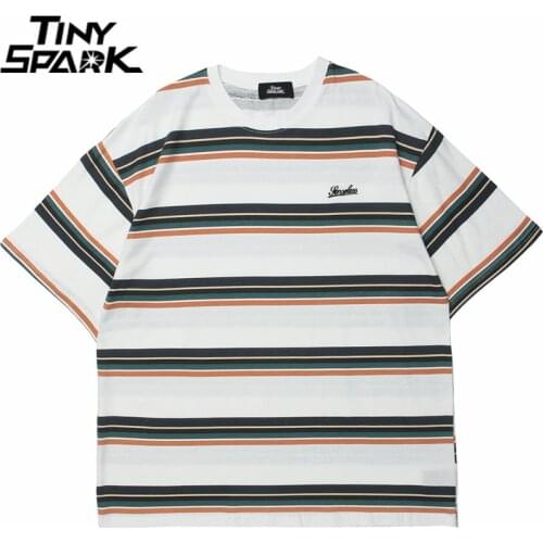 Hip Hop Streetwear Tshirt Striped Print T-Shirt Harajuku Cotton Loose Short Sleeve T Shirt 2021 Men Fashion Summer Tops Tees