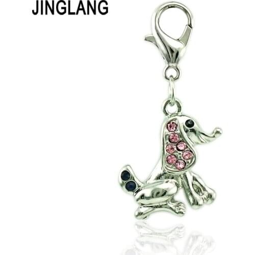 JINGLANG Wholesale Price Animals Lobster Clasp Charms Silver Color Pink Rhinestone Dog DIY Charms For Jewelry Making Accessories
