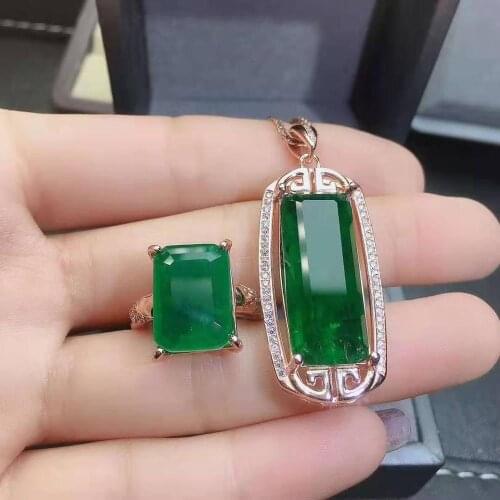 Natural Emerald Large Particle Ring Pendant Necklace Set S925 Silver Fashion Fine Jewelry for Women Free Shipping MeibaPJFS