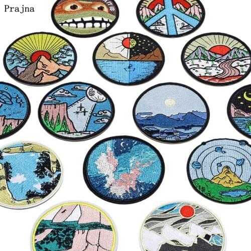 Prajna Round Patches Mountain Sun Outdoor Embroidered Patches For Clothing DIY Iron On Patches On Clothes Applique Jacket Decor