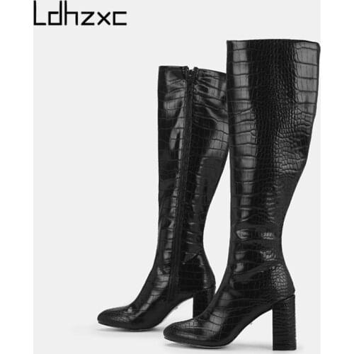 LDHZXC 2020 Big size 37-41 winter knee high boots med heels round toe solid color women boots ladies shoes black fashion