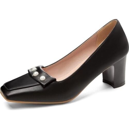 New Womens High Heels Set Foot Comfort Square Heel Spring Concise Prom Wedding Shoes PU Leather Women Shoes High Heel Pumps