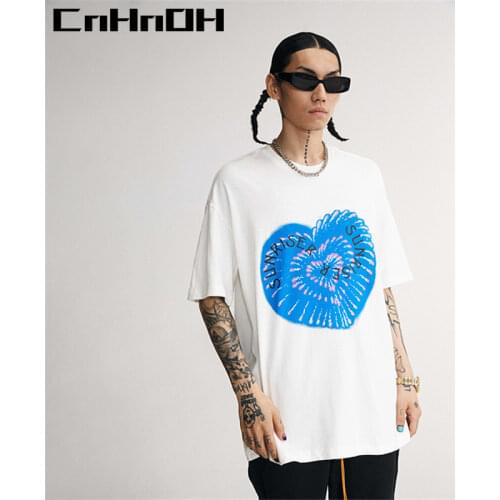 CnHnOH New Arrival Teeshirt Homme Mens Oversized Hip Hop Clothing Tee Shirt Heart Shape Fireworks T-shirts For Couple 11020