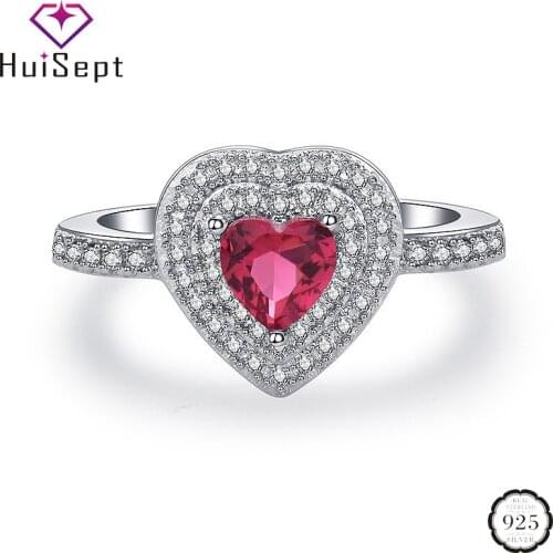 HuiSept Charm Rings 925 Silver Jewelry Heart-shape Ruby Emerald Sapphire Zircon Gemstone Open Ring Accessories for Women Wedding