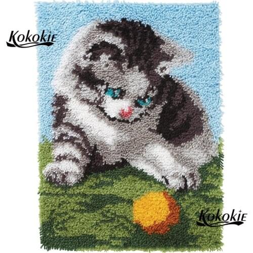 Latch hook cartoon canvas printing vloerklee diy tapijt foamiran for needleworksets knooppakket palying cat crochet tapis decor