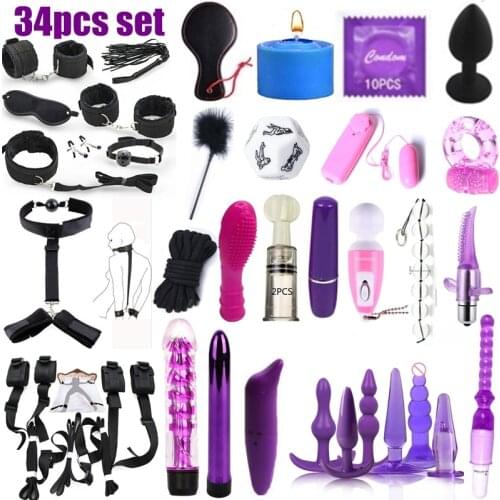 34pcs set Sex Toys For Couples Bondage Vibrators Set Nylon Restraint BDSM Slave Vibrator Plug Flirt Games Erotic Toys for Women