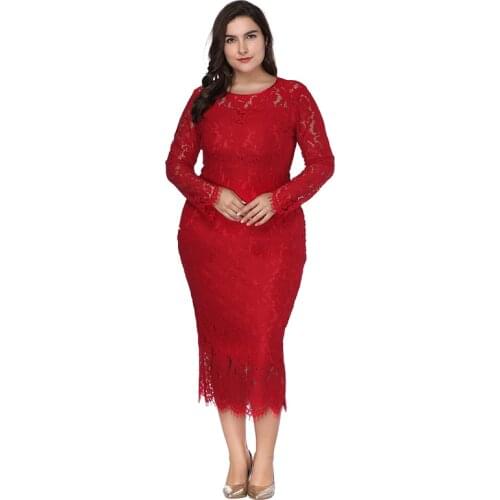 Evening Dress Red Elegant Embroidery O-Neck Pleat Mermaid Zipper Back Tea-Length Full Sleeves Plus Size Women Formal Gowns D912