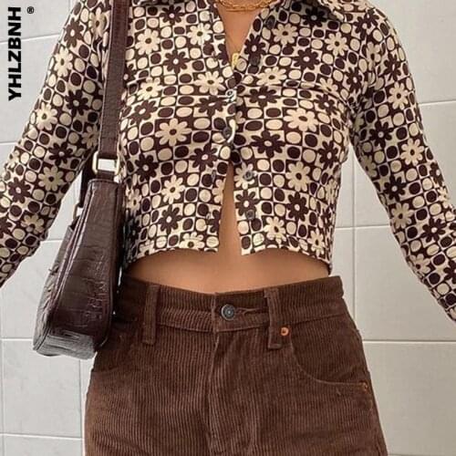 YHLZBNH Printed Vintage Y2K Brown Crop Tops Women Casual Single-breasted Tshirts Long Sleeve Korean Cute Outfits