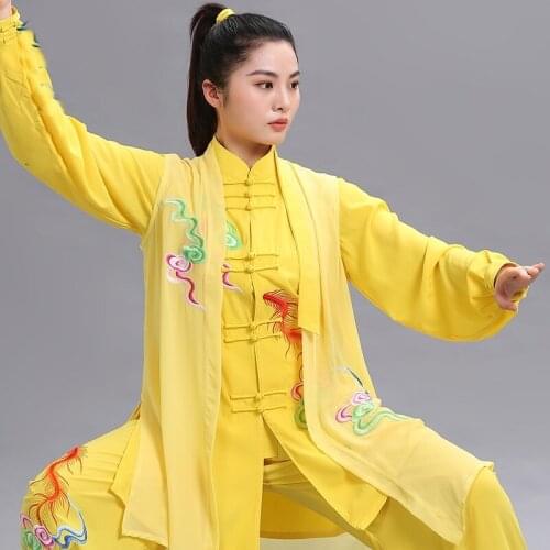 Yellow Tai Chi Uniform Martial Arts Clothes Embroidery Female Chinese Traditional Folk Kung Fu Suit Morning Sportswear TA2298