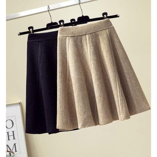 2020 New Autumn Spring Solid Color Casual Short Skirts Woman High Waist Knitting Woolen Skirt Female Pleated Skirt J47