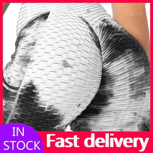 #VO Womens Tie-dye High Waist Leggings Skinny Trousers Pocket Breathable Hip Lifting Exercise Bubble Pants Seamless Leggings