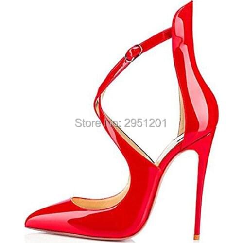 Womens Pumps Pointed Toe Sandals Shoes Cross Strap 12cm Thin High Heels Summer Stilettos Red Black Patent Leather Shoes