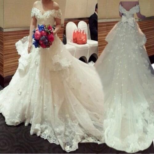 Arabic Said Robe De Mariage 2021 3D Floral Appliques Plus Size Wedding Dresses Ball Gown Off the Shoulder Lace Back Bridal Gowns