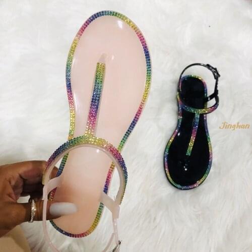 2020 Summer New Womens Sandals Colored Diamond Buckle Strap Female Sandals Casual Fashion Flat Womens crystal Shoes Big Size