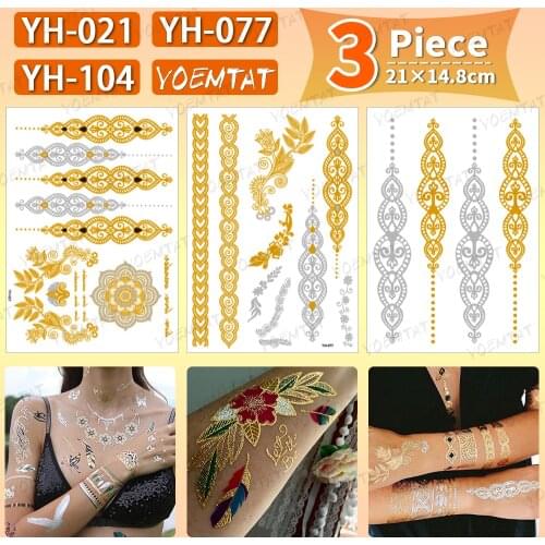 3 pieces/batch Golden Tatoo Henna Female Hand Jewelry Waterproof Temporary Tattoo Sticker Body Art Flash Fake Tatto Kids