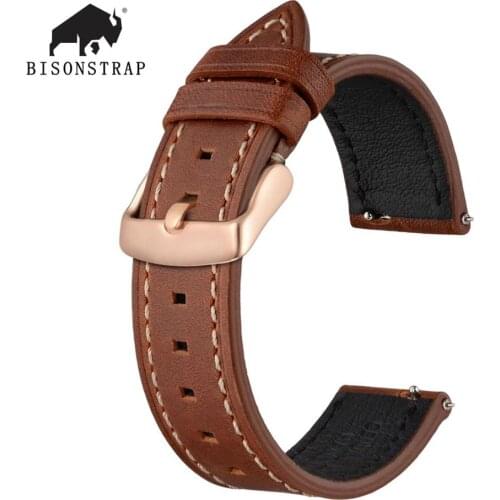 BISONSTRAP Watch Strap 18mm~22mm Genuine Leather Strap for Men Women Quick Release Replacement Belt Watchband Rose Gold Buckle