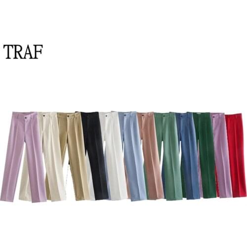 LVWOMN Za 2021 Womens Pants Spring High Waisted Pants Women Elegant Office Lady Trouser Chic Button Straight Casual Woman Pants