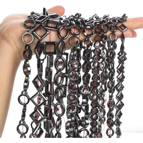 Natural Stone Beads Hollow Circle Heart Black Hematite Donuts Loose Spacer Beads for Jewelry Making Bracelets Accessories DIY