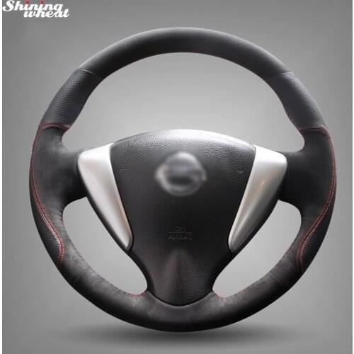 BANNIS Hand-stitched Black Leather Black Suede Steering Wheel Cover for Nissan Tiida Sylphy Sentra 2014 Note