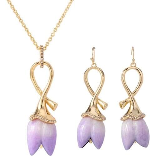 CSxjd New enamel glaze lily purple necklace earrings Jewelry set