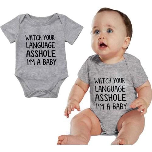 Newborn Baby WATCH YOUR LANGUAGE ASSHOLE Printed Letter Summer Clothes Infant Boys Romper Bodysuits Kids Girls Bebe Q6B7