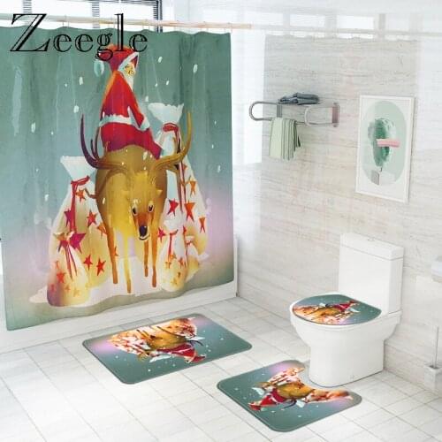 Printed Home Decor Bath Mat and Waterproof Shower Curtain Set Bathroom Rug Set Santa Claus Home Decor Anti-Slip Mat For Bathroom