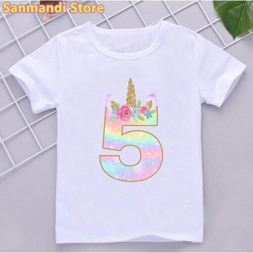 Newest Rainbow Unicorn Print Tshirt Girls Kawaii Kids Clothes 3th/5th/6th9th/10th Birthday Gift T Shirt Children Clothing