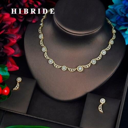 HIBRIDE Fashion Gold Color Dubai Jewelry Sets Women Bridal Jewelry Unique Design Cubic Zircon pendientes mujer Set N-655