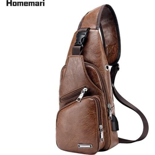 Homemari Mens Bags Crossbody Chest Bags Waist Bags USB Charging Headphone Plug Leather Shoulder Bag Diagonal Package Bags Boys