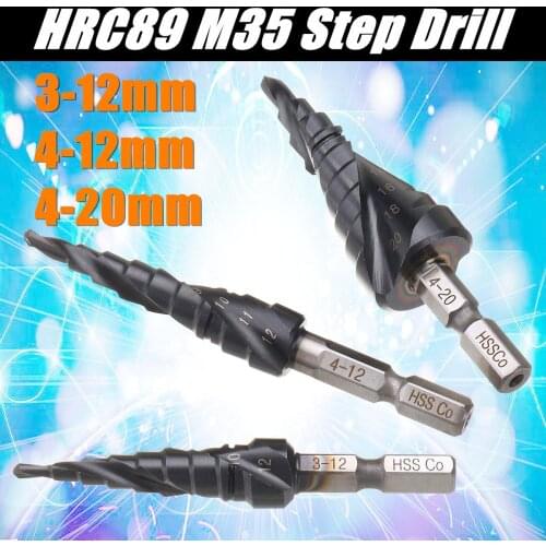 Drillpro HRC89 HSS-Co M35 Cobalt Step Drill Bit 3-12/4-12/4-20mm TiAlN Coated Step Drill 1/4 Inch Hex Shank Woodworking Bits